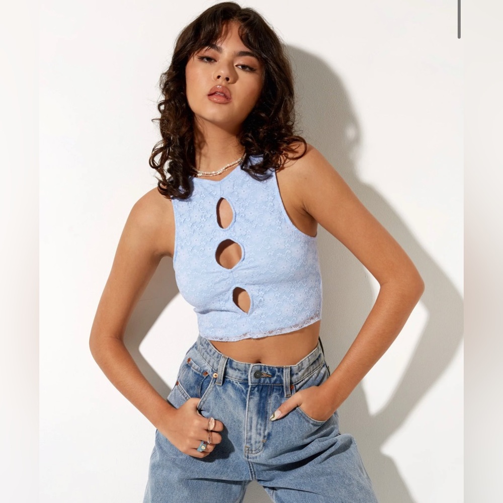 Motel Rocks TIATI CROP TOP IN LACE POWDER BLUE - size XS